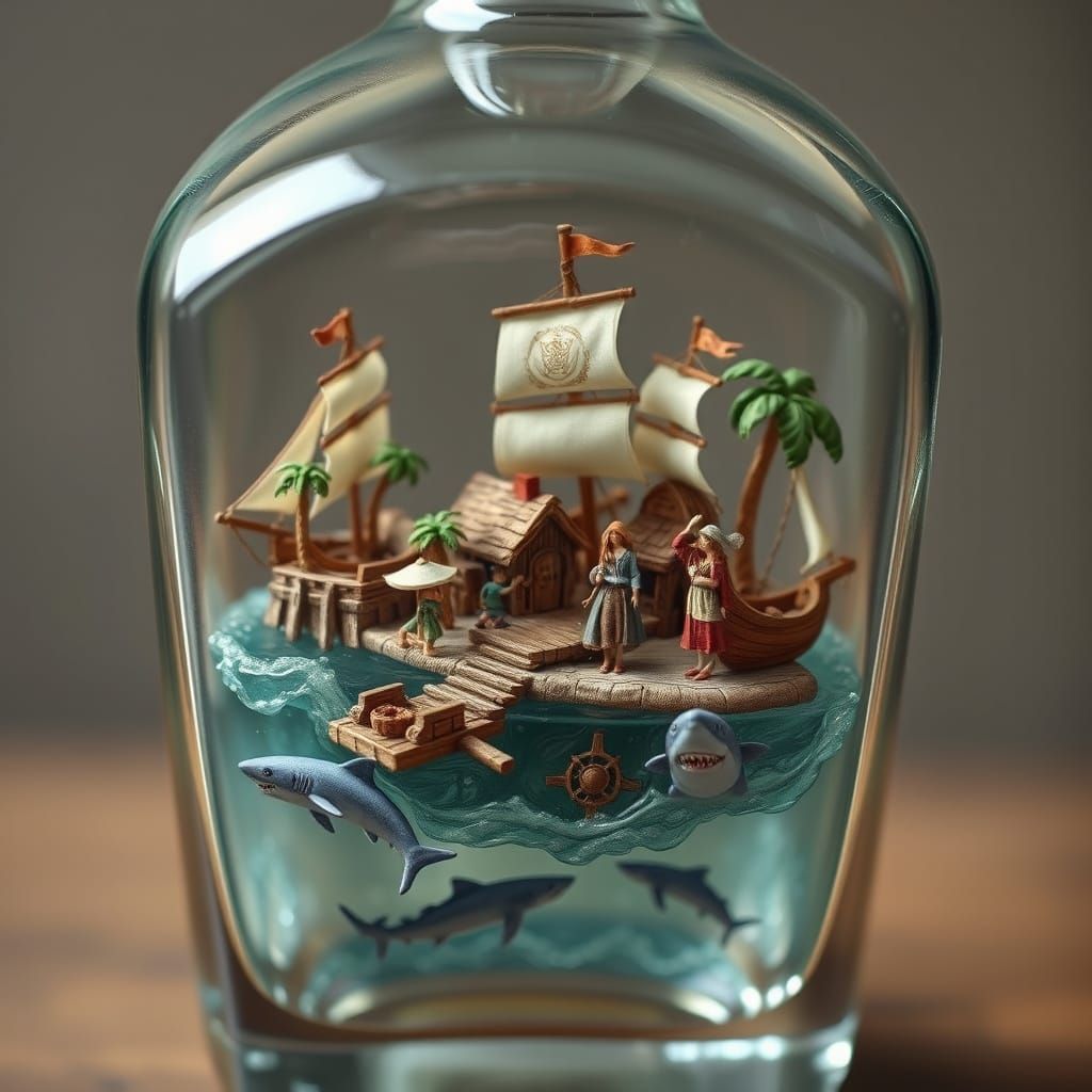 Miniature Pirate Village Inside Whisky Bottle