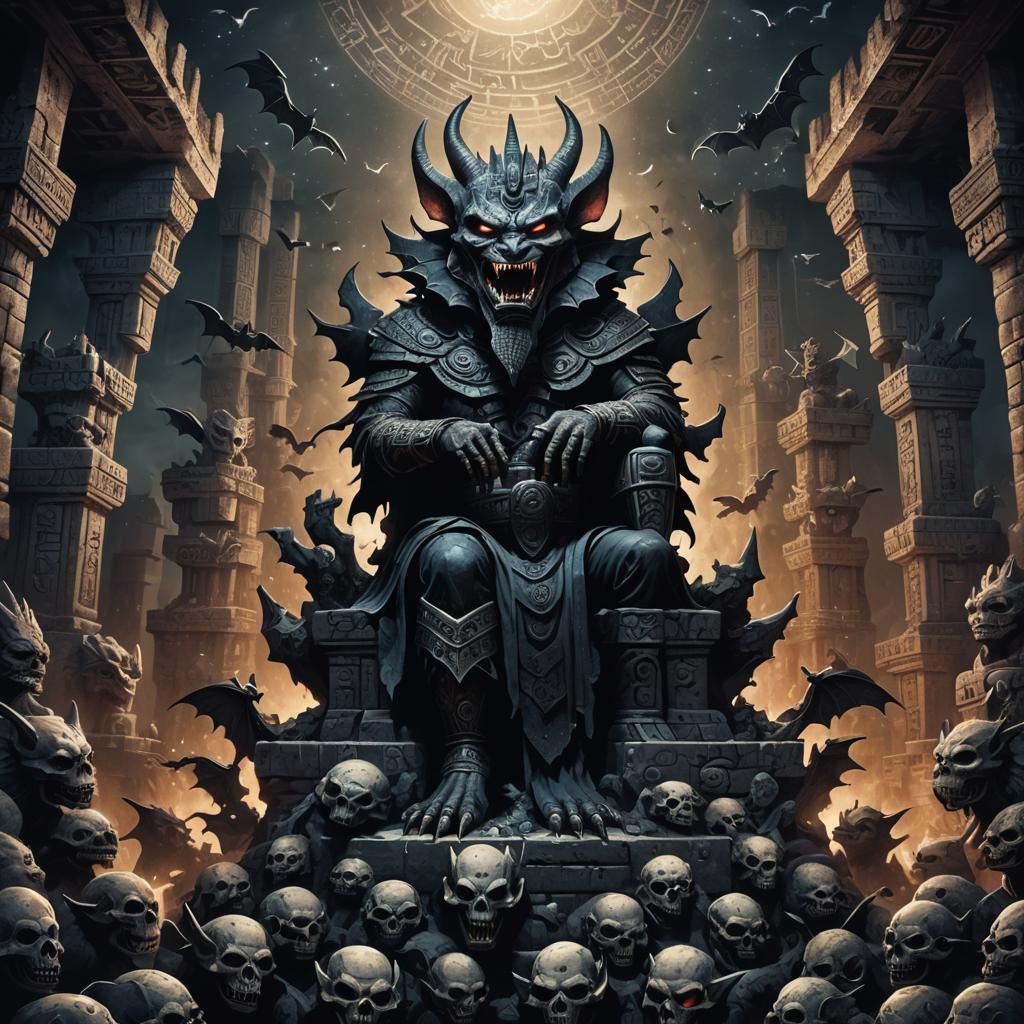 Dark Fantasy Mayan Bat Demon God Camazotz Throne of Skulls