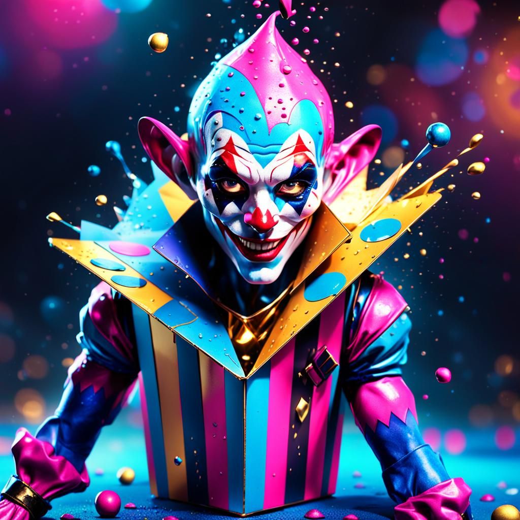 Harlequin Bursts From Box in Splash Art Style
