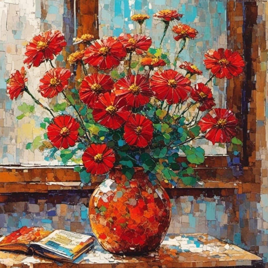 red zinnia flowers  : translucent brown vase half filled wit...