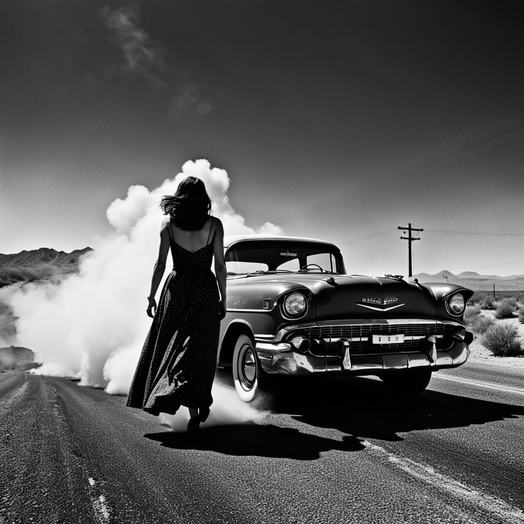 Film Noir: Woman and Smoking Car on Desert Highway