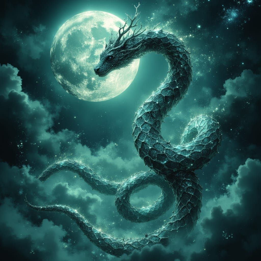 Bioluminescent Sea Serpent Coils Around Shattered Moon