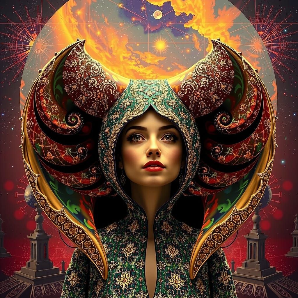 Surreal Woman with Nautilus Curves in Starry Night