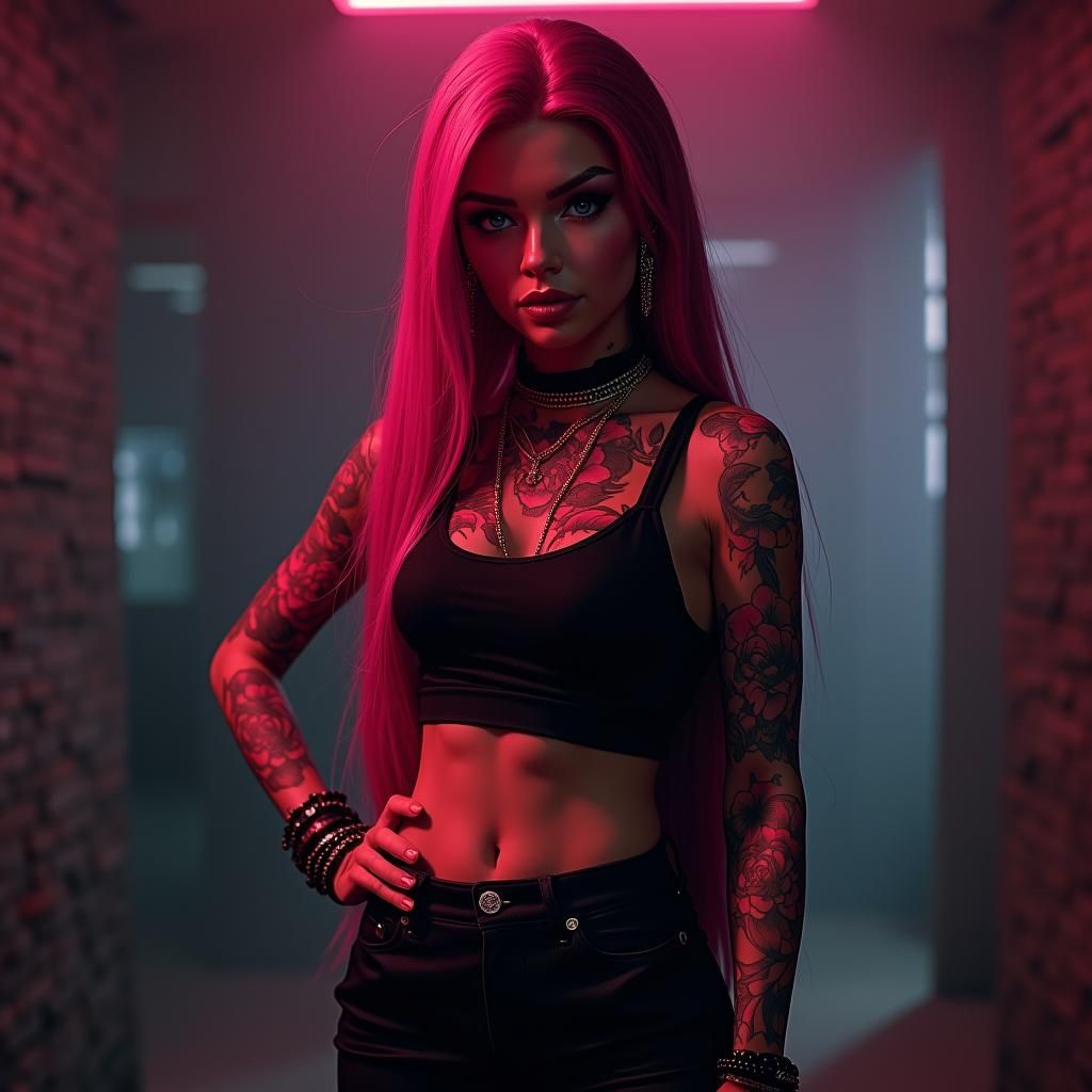 Magenta-Haired Woman with Floral Tattoos in Cinematic Style
