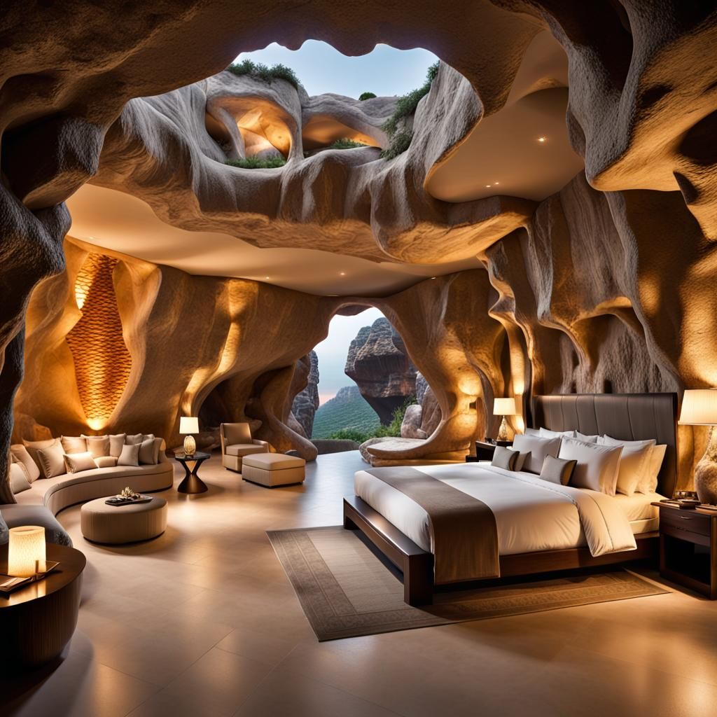An opulent bedroom  villa fully nestled within a cavernous cave system