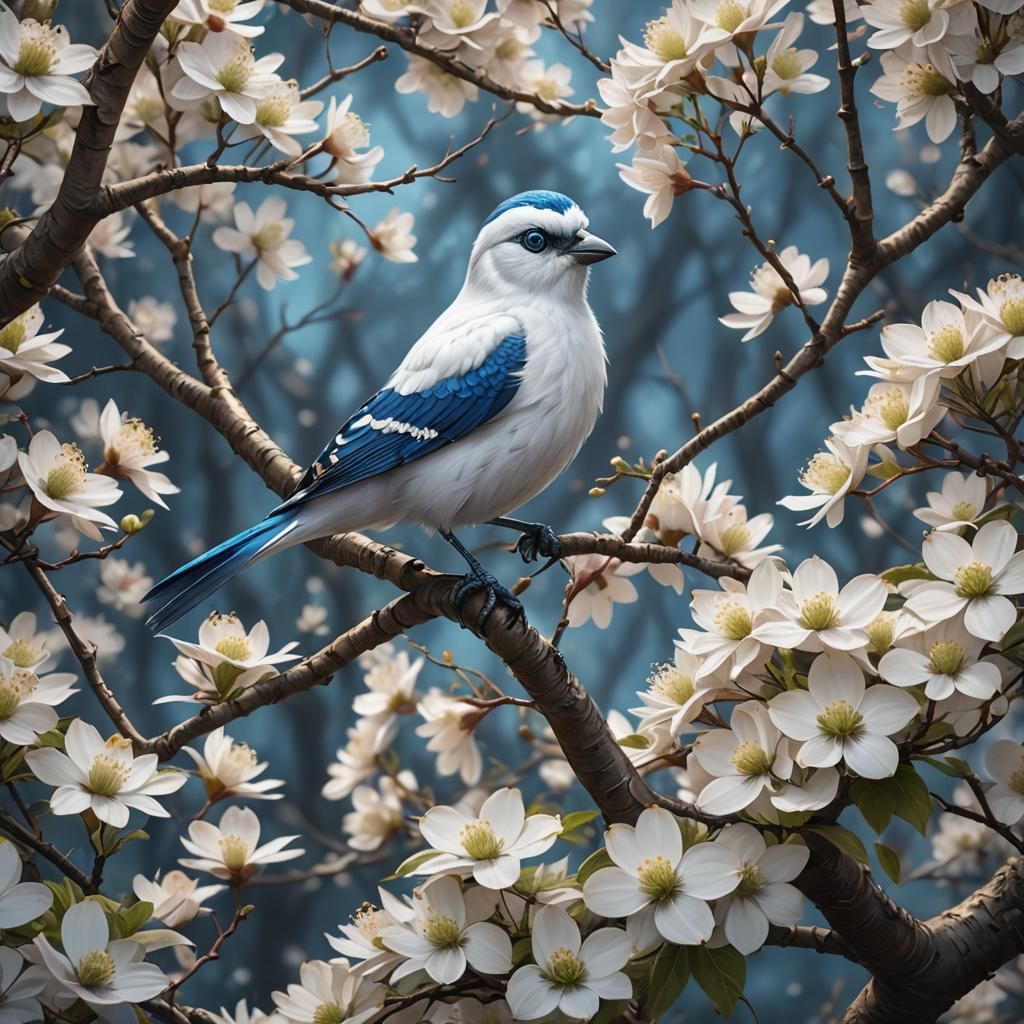Blue-eyed White Bird in Dogwood Tree