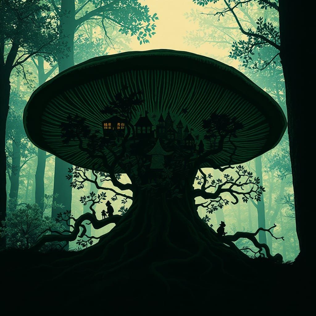 Gnome Village Inside Giant Mushroom: Vintage Illustration