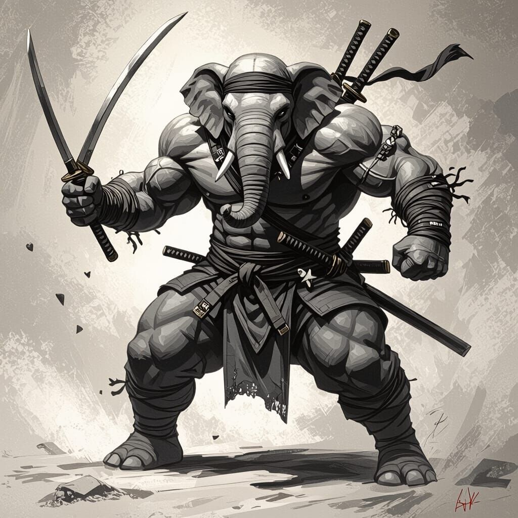 Muscular Ninja Elephant with Swords and Stars