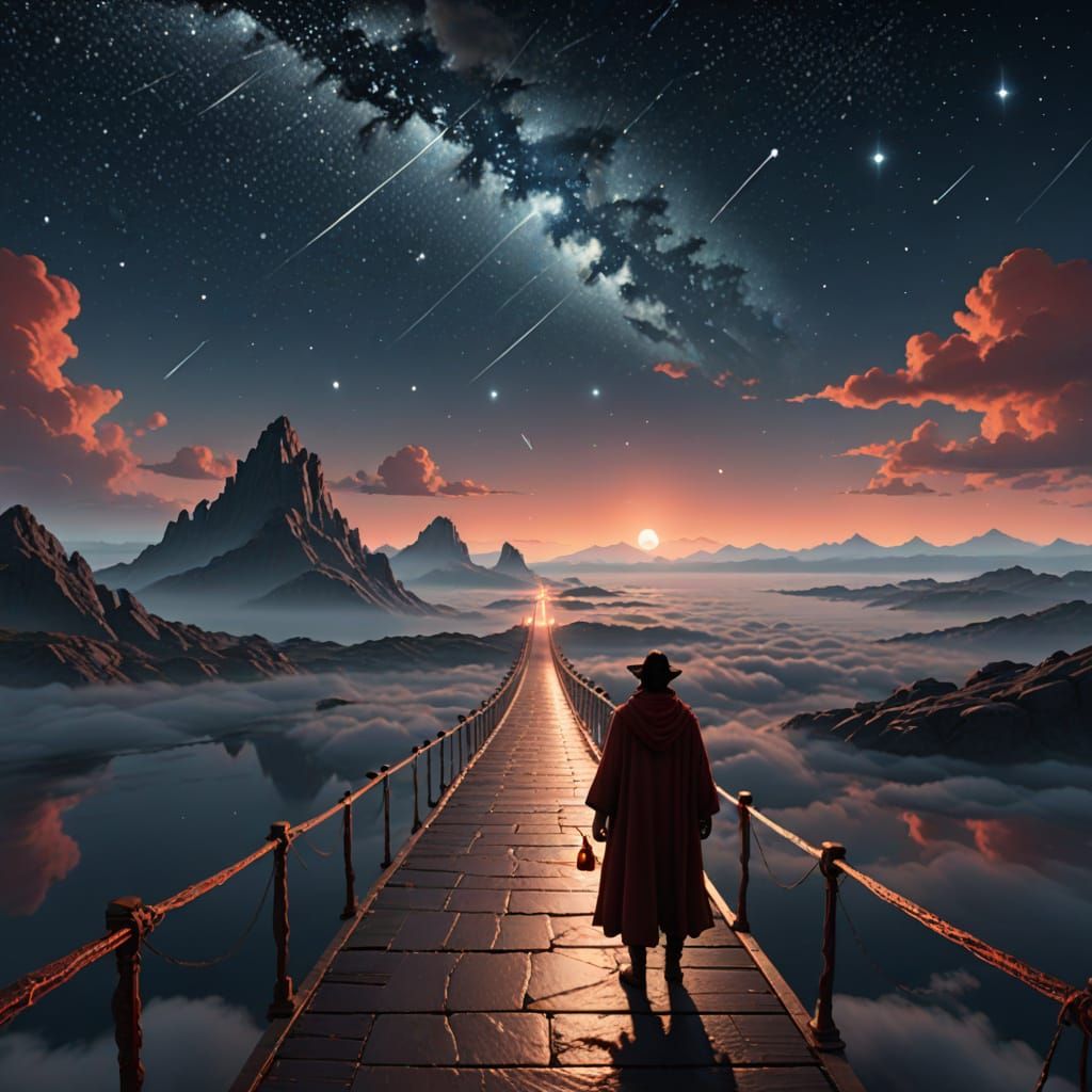 Glass Bridge Over Cloud Ocean with Traveler and Lantern