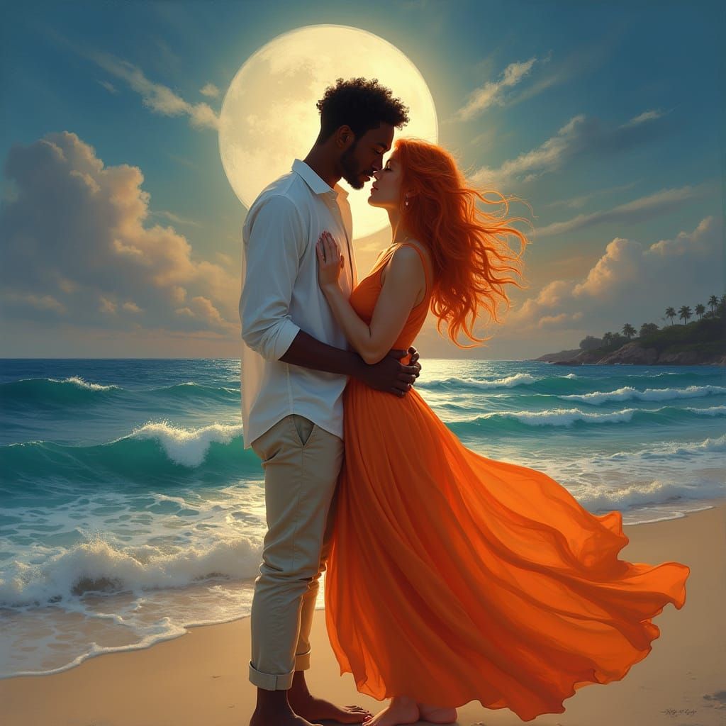 Moonlit Beach Romance with Black Man and Vibrant Red-Haired ...
