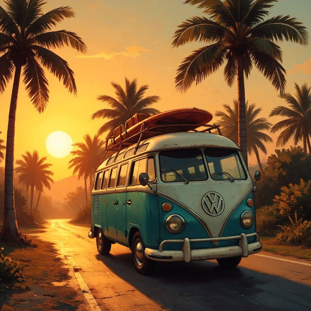 Vintage VW Van at Sunset: Hyperrealistic Automotive Art