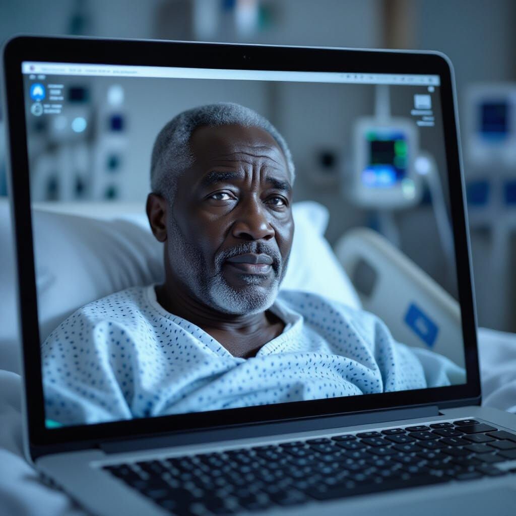 Laptop Screen Shows Elderly Man in Hospital: Grainy Footage