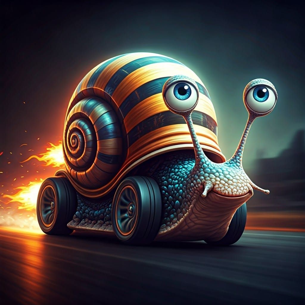 Vibrant Chibi Snail-Sports Car in Dramatic Oil Painting