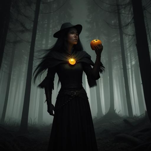 Eerie Forest Sorceress with Glowing Pumpkin