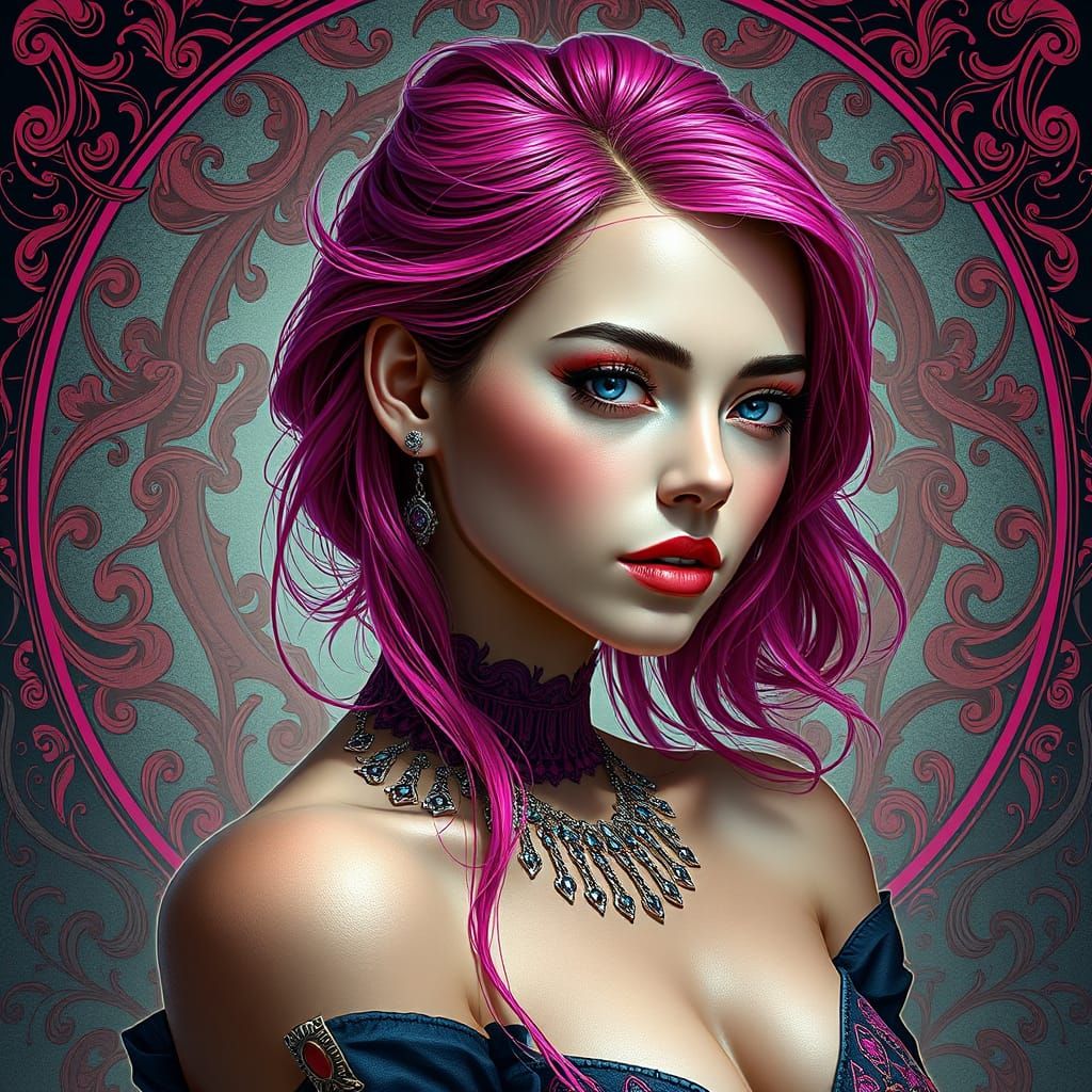 Elegant Fuschia-haired Woman in Futuristic High-fashion Conc...