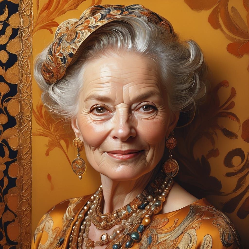 Elegant Woman in Opulent Attire, with Subtle Smile and Spark...