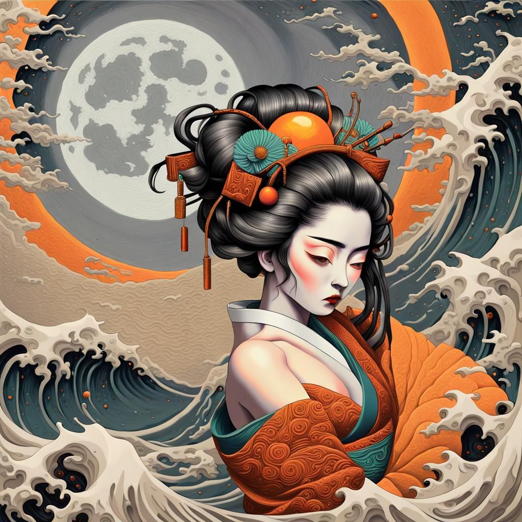 Geisha in Tokyo with Orange Moon, Neo-Impressionist Style