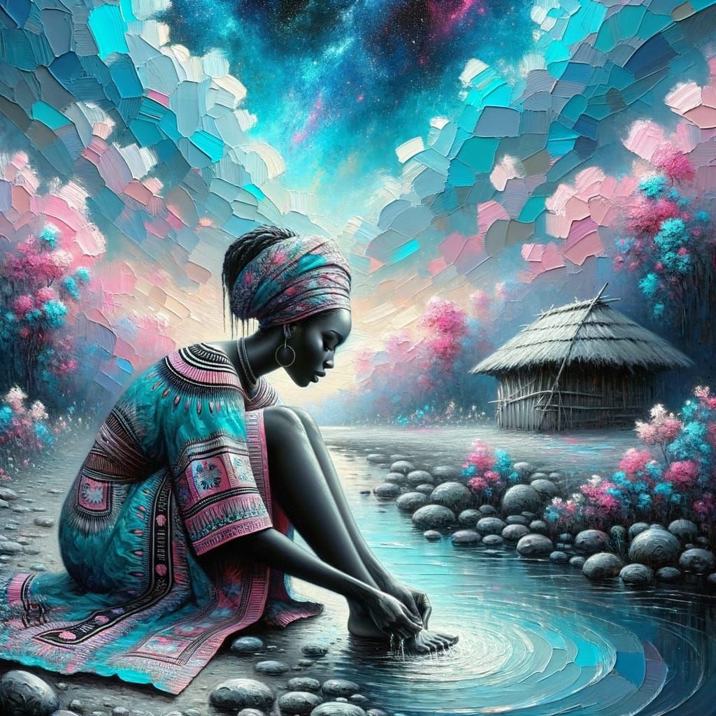 Serene Woman Washing Feet in Turquoise and Pink