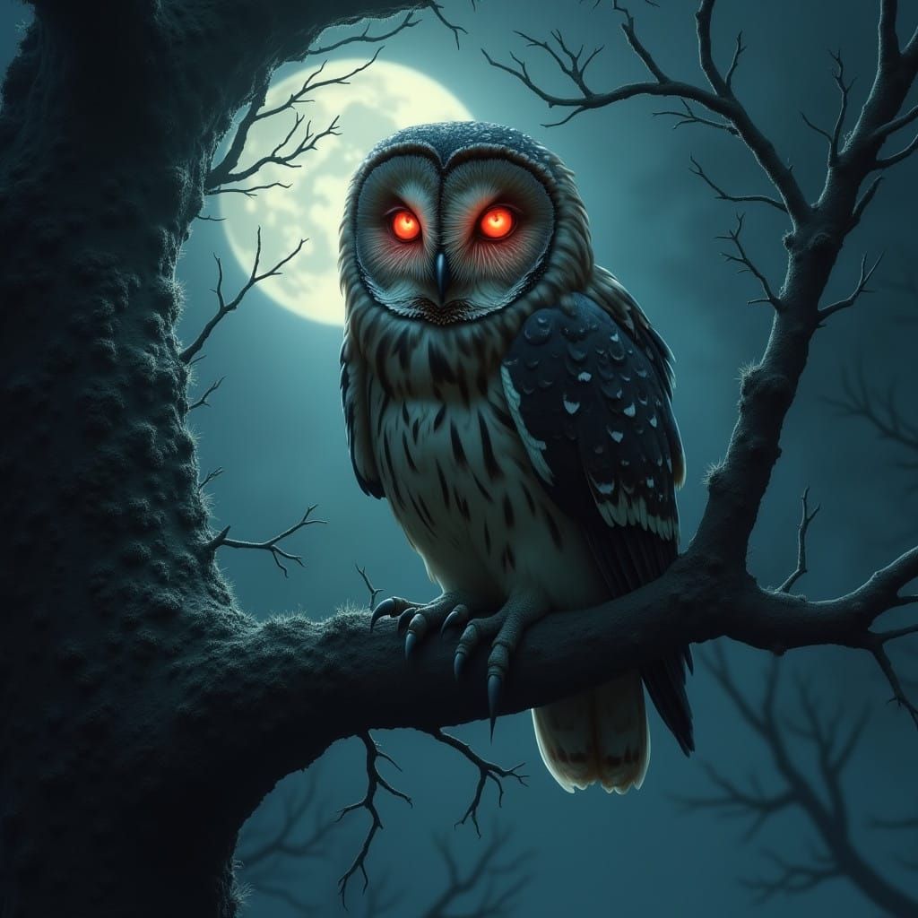 Majestic Owl Illuminated in Moonlit Nighttime Scene