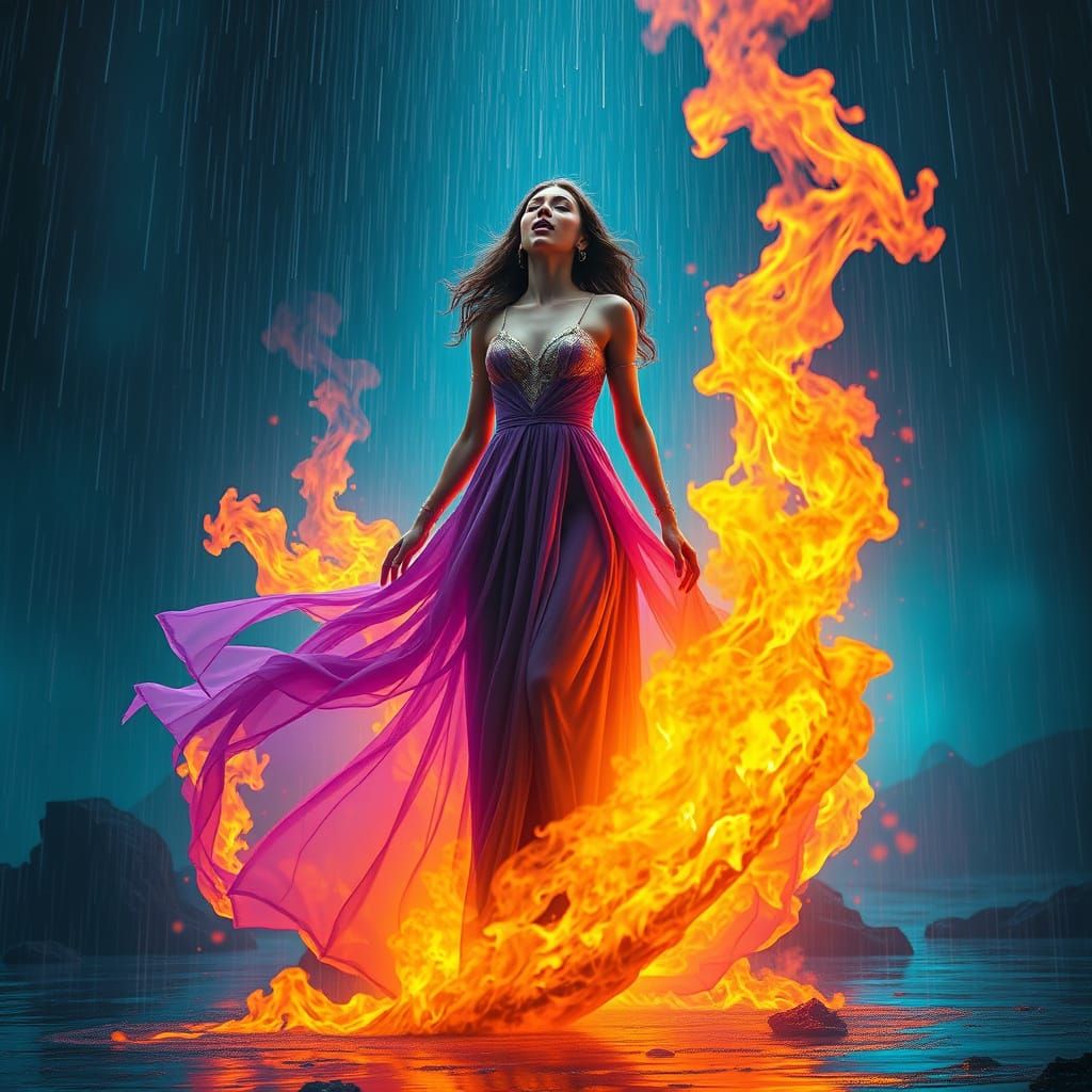 Fiery Singer in the Rain: Digital Art