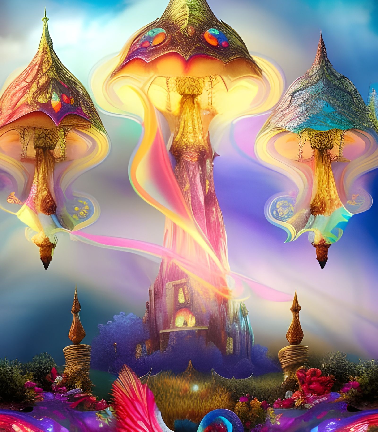 Cosmic Mushroom House in Holographic Fairytale Style