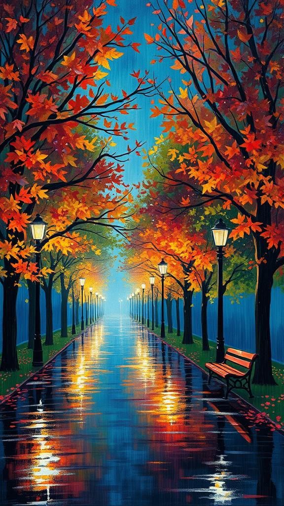 Rainy Night Park Scene in Impasto Style