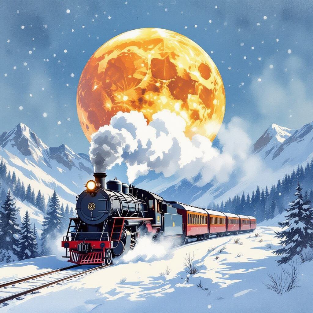 Vintage Train in Alps Under Giant Moon, Watercolour Art