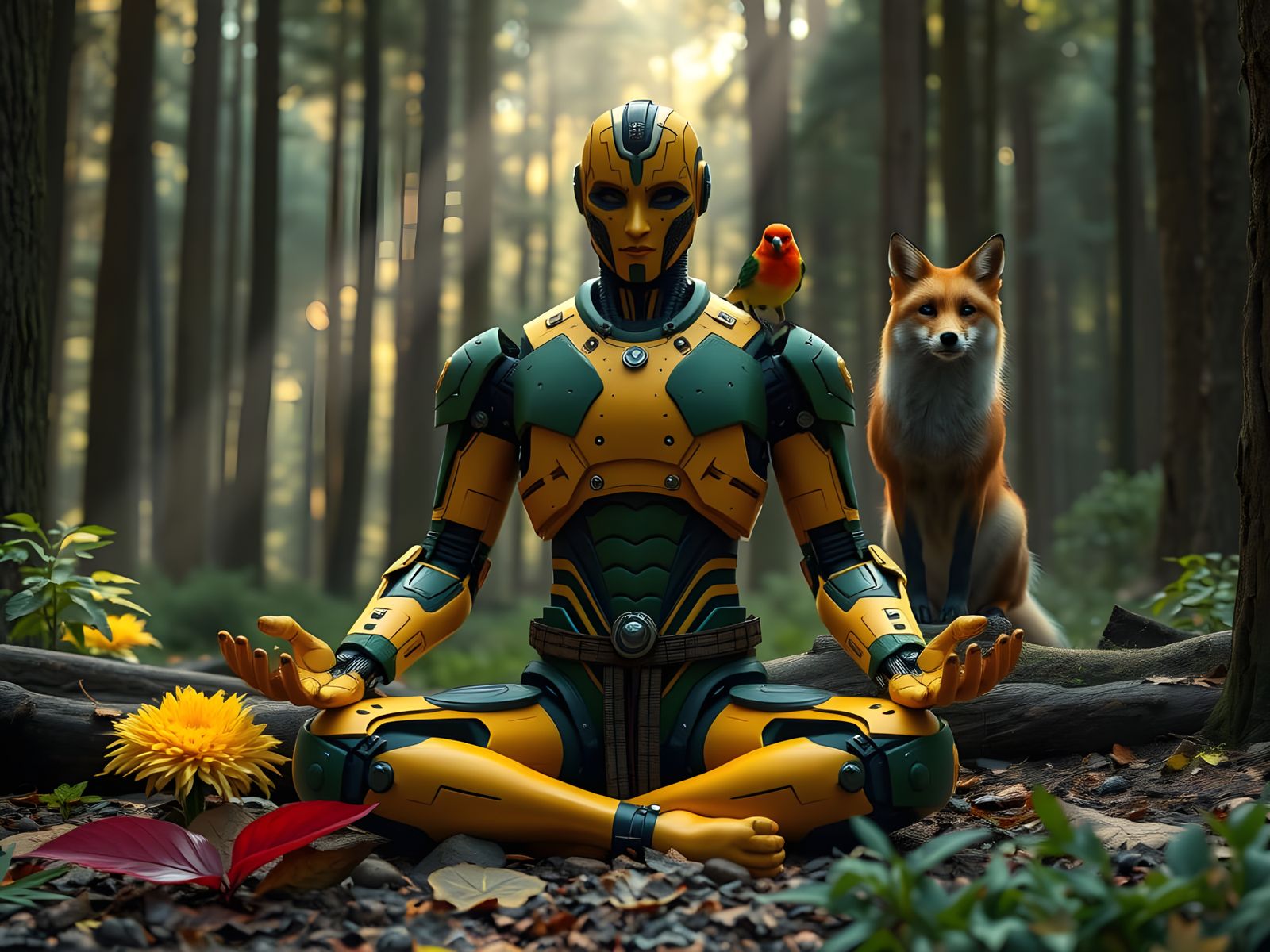 Enlightened Robot Guru in Ancient Forest