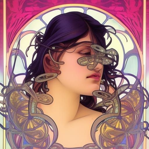 Elegant Woman with Holographic Wings in Art Nouveau