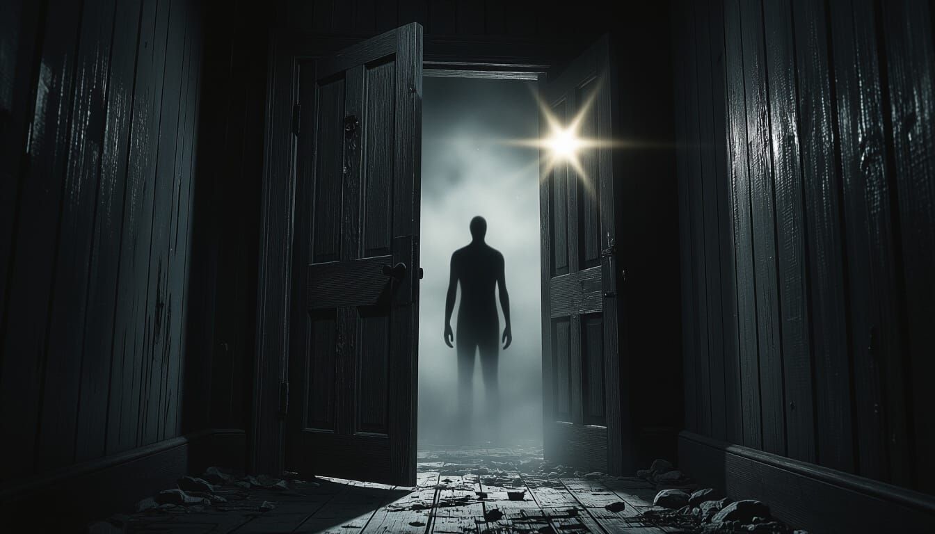 Eerie Doorway with Shadow Figure in Cinematic Style