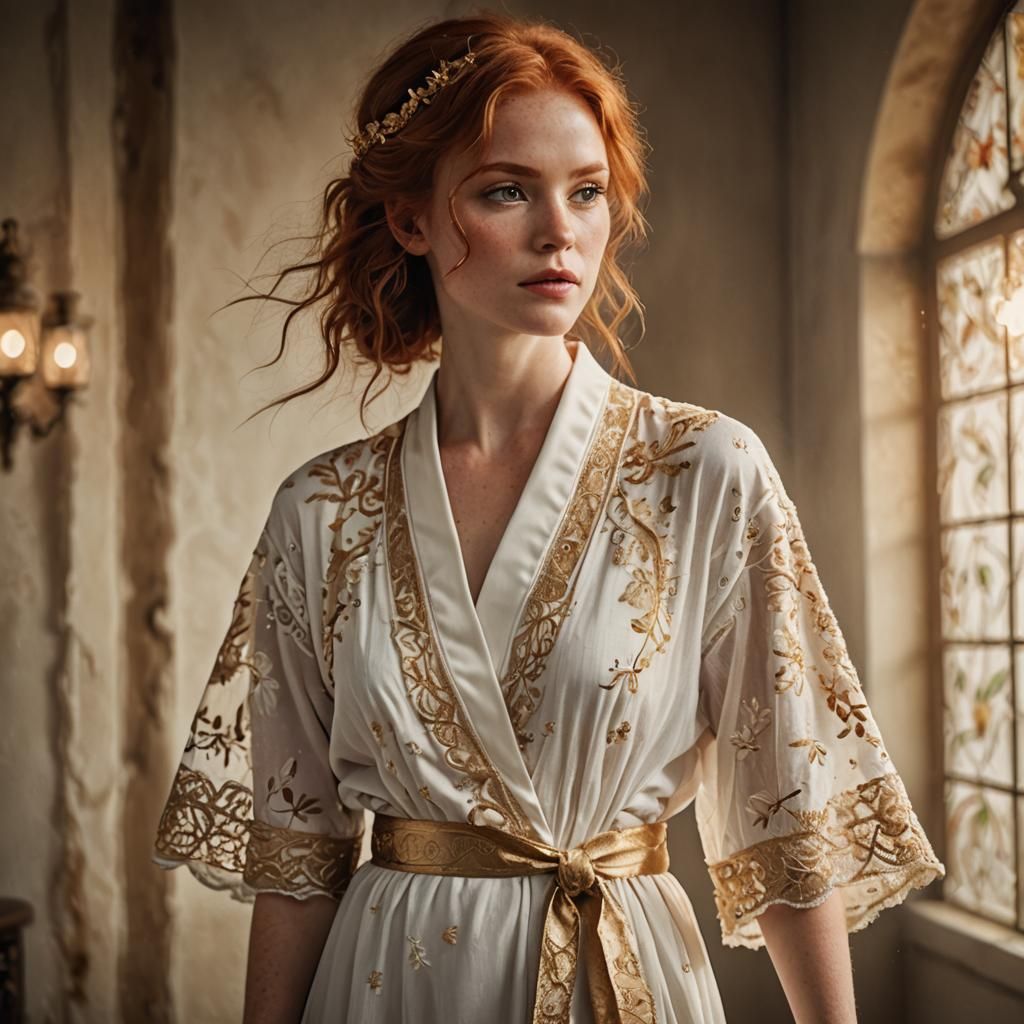 Glamorous Portrait of Woman in Embroidered Robe