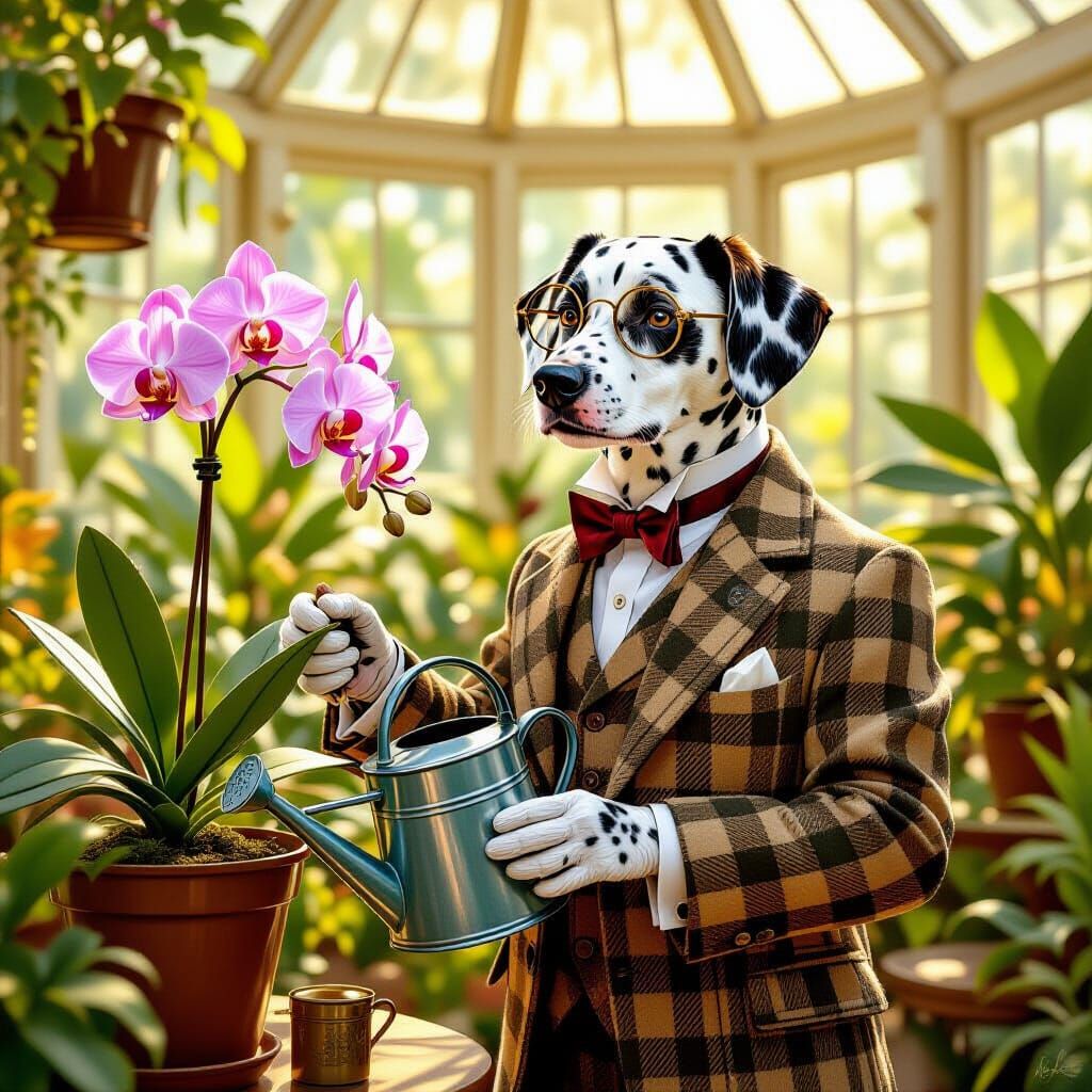 Dalmatian Gentleman Tends Orchid: Classic Portraiture