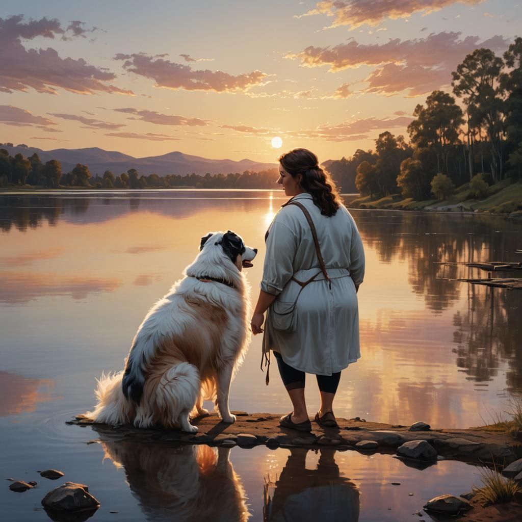 Sunset Serenity: Woman and Dog by the Lake