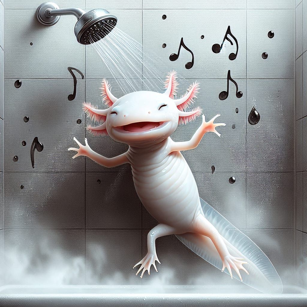 Hyperrealistic Airbrush Painting of Albino Axolotl Singing i...