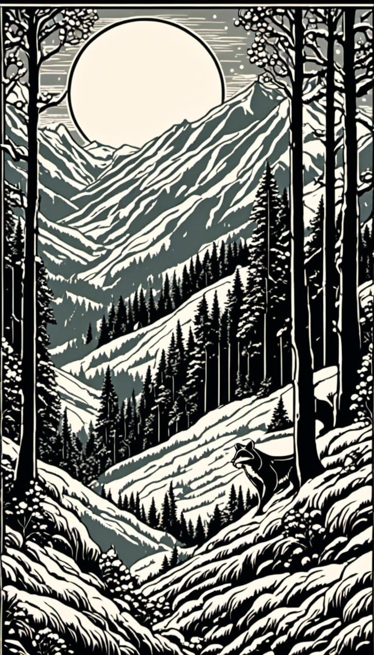 Winter Forest Scene in Woodcut Style with Raccoon