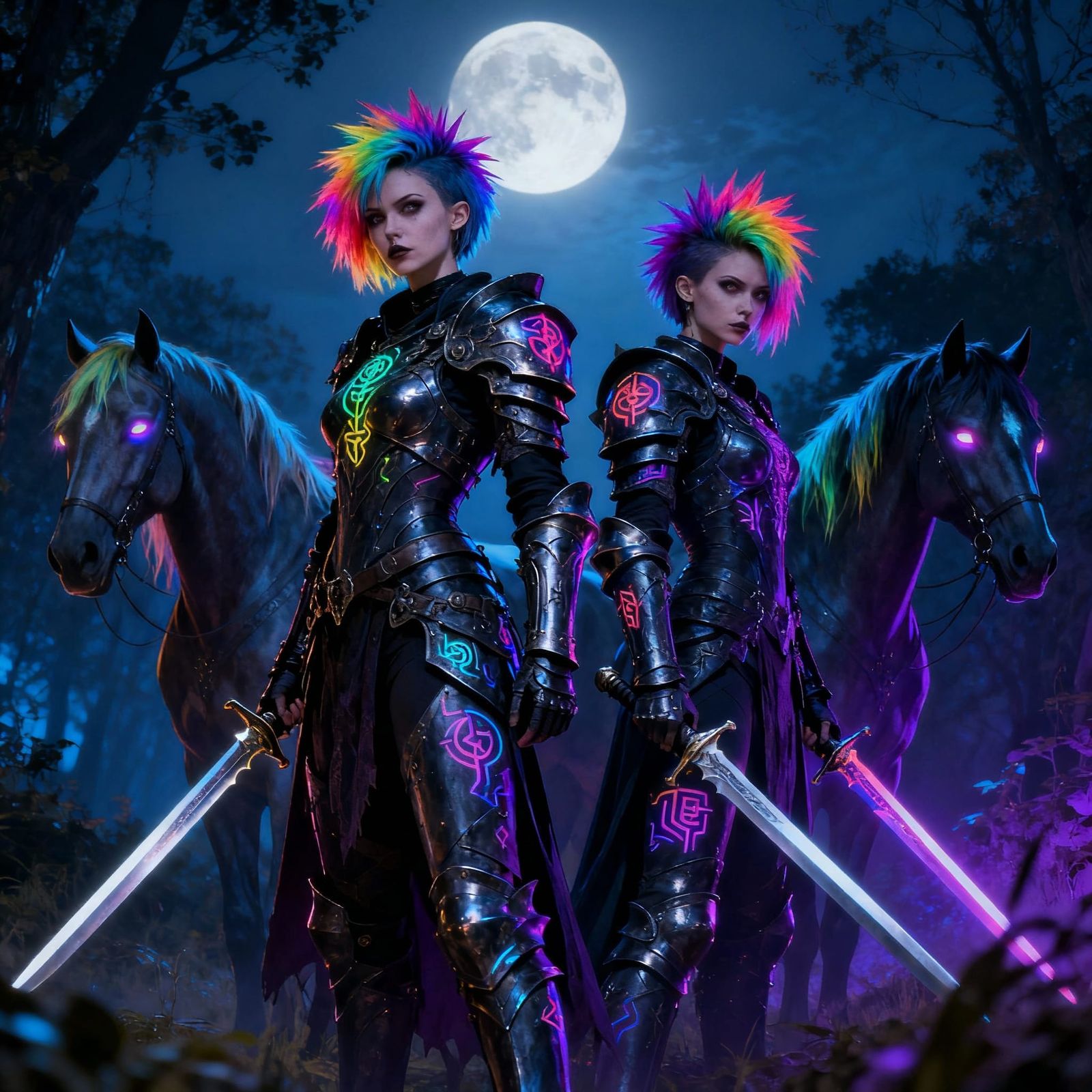 Gothic Warriors with Rainbow Hair in Moonlight