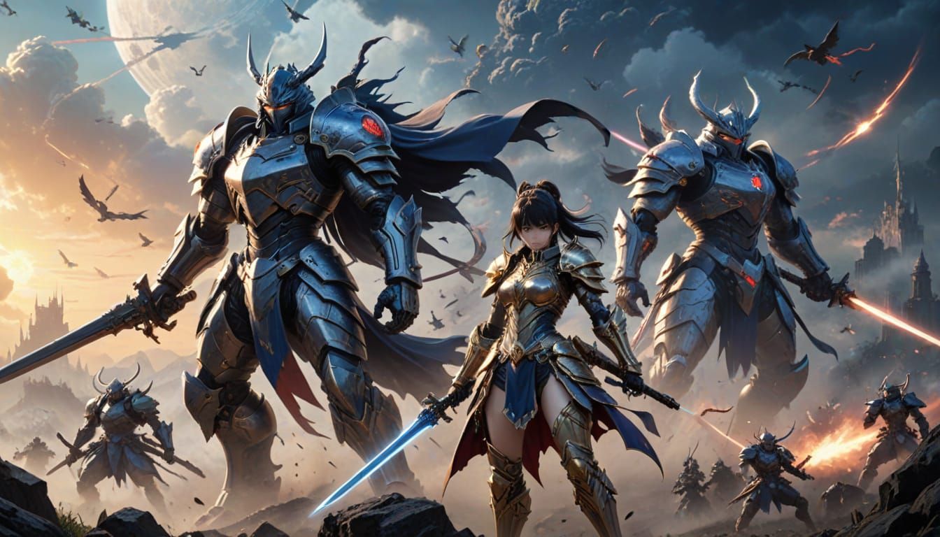 Epic Knights Battle Twin Moons Sky Anime Style