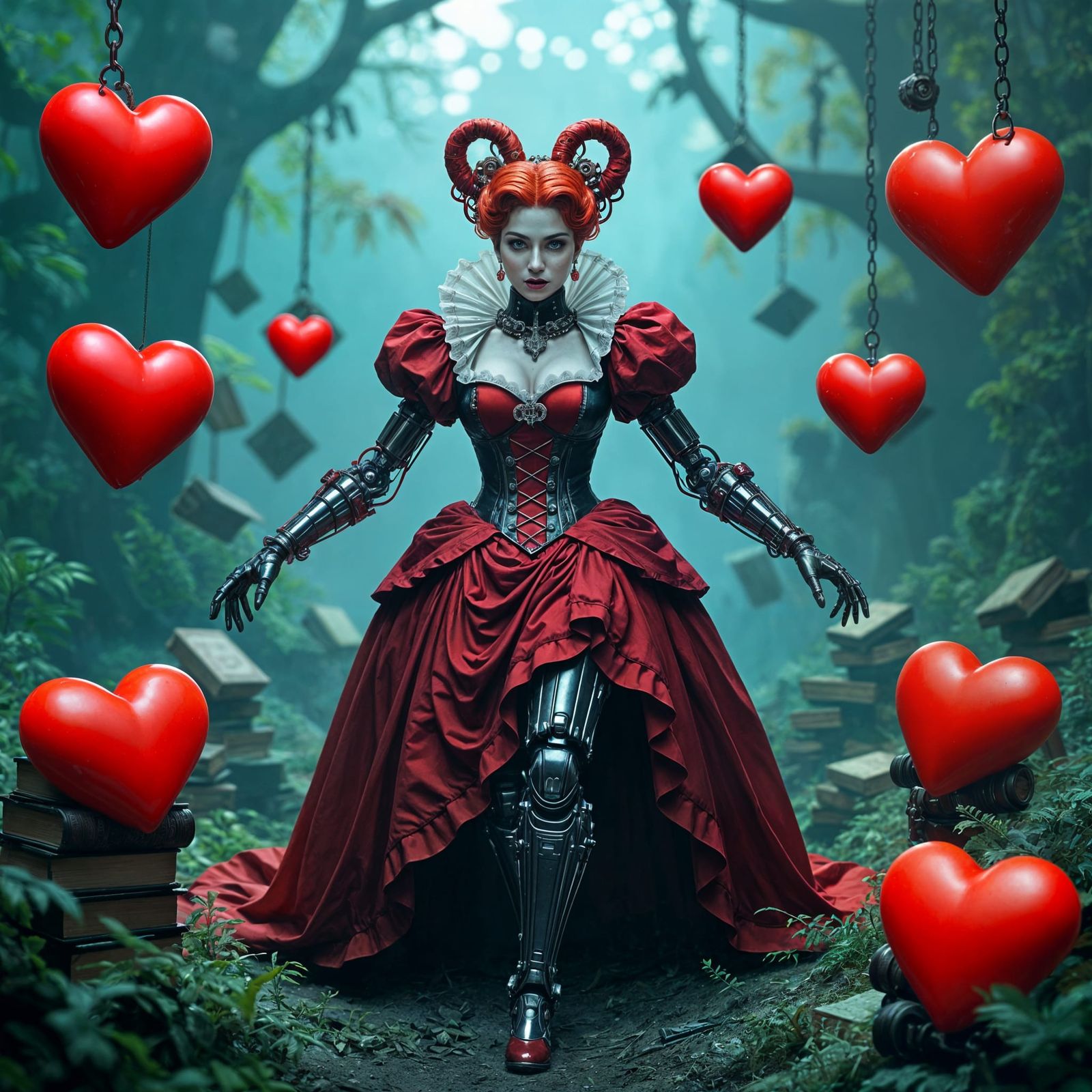 Biomechanical Queen of Hearts in Surreal Circuitry Landscape