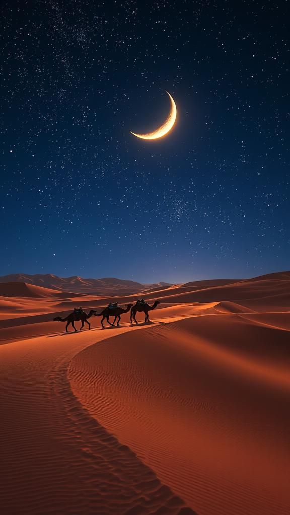 Desert Caravan Under Starry Sky in Dreamlike Style
