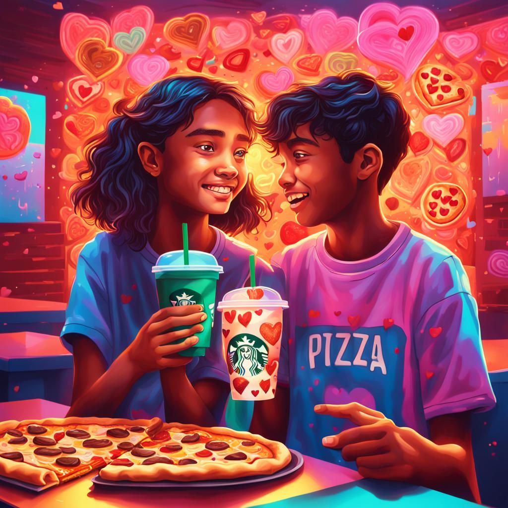 Boy Offers Pizza in Neon Splash Art Style