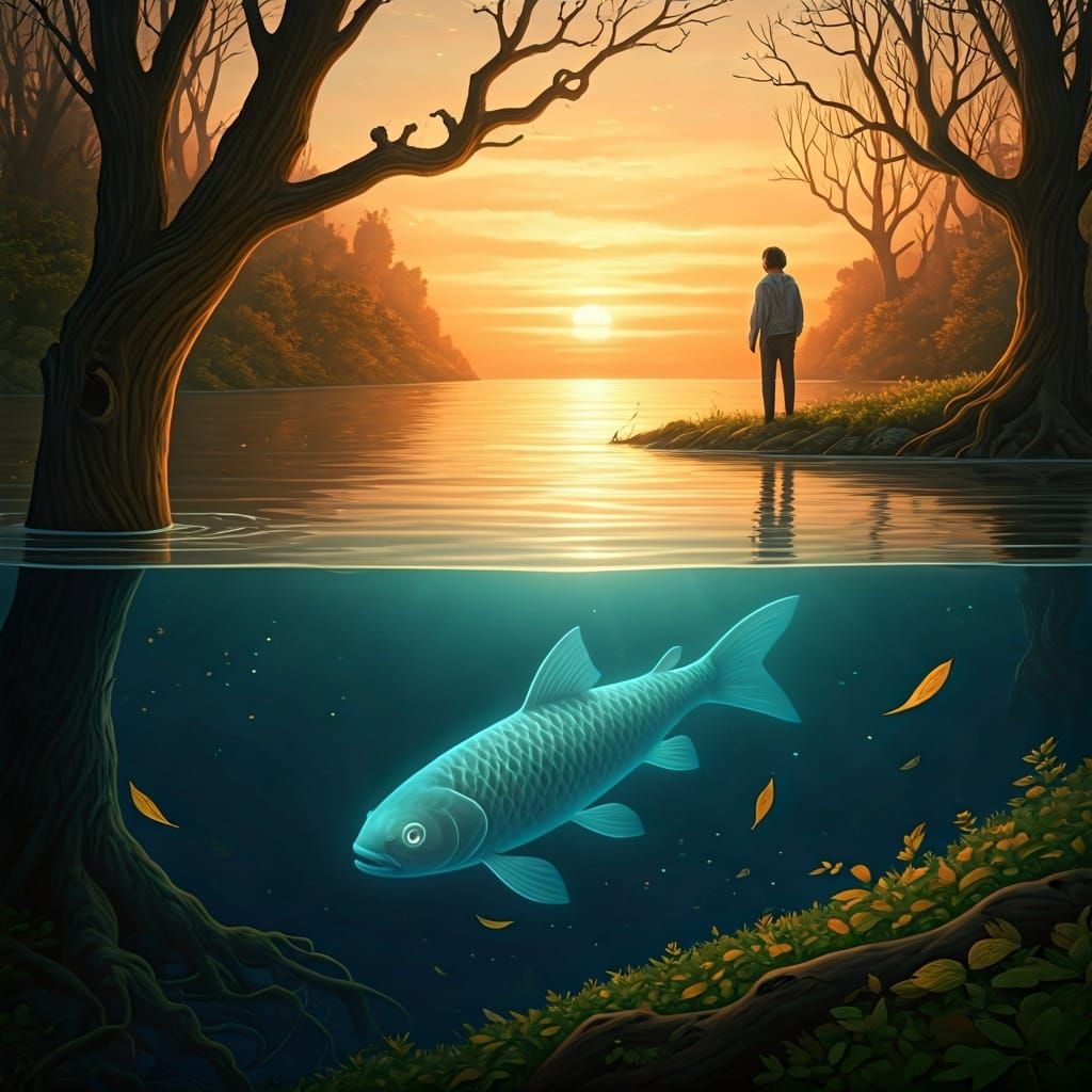 Surreal Man and Giant Fish Illustration