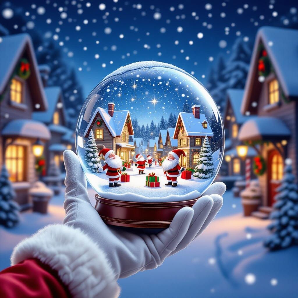Hyperrealistic Christmas Snow Globe with Whimsical Village