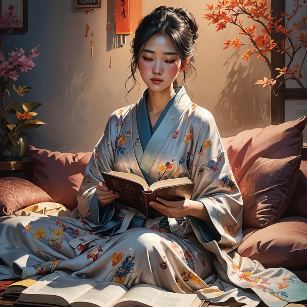 Cozy Korean Girl Reading: Hyperrealistic Splash Art