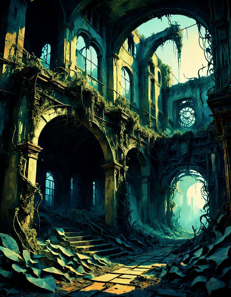 Surreal Industrial Dreamscape with Ghostly Figures