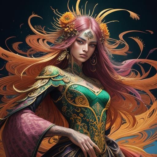 Dragon Peacock Woman in Abstract Expressionism Style