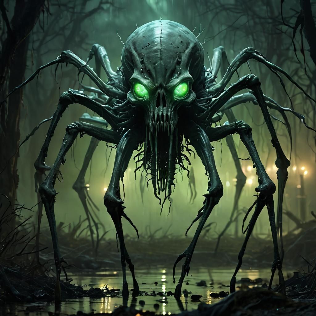 Sickly Otherworldly Horror Creature in a Dark, Misty Swamp