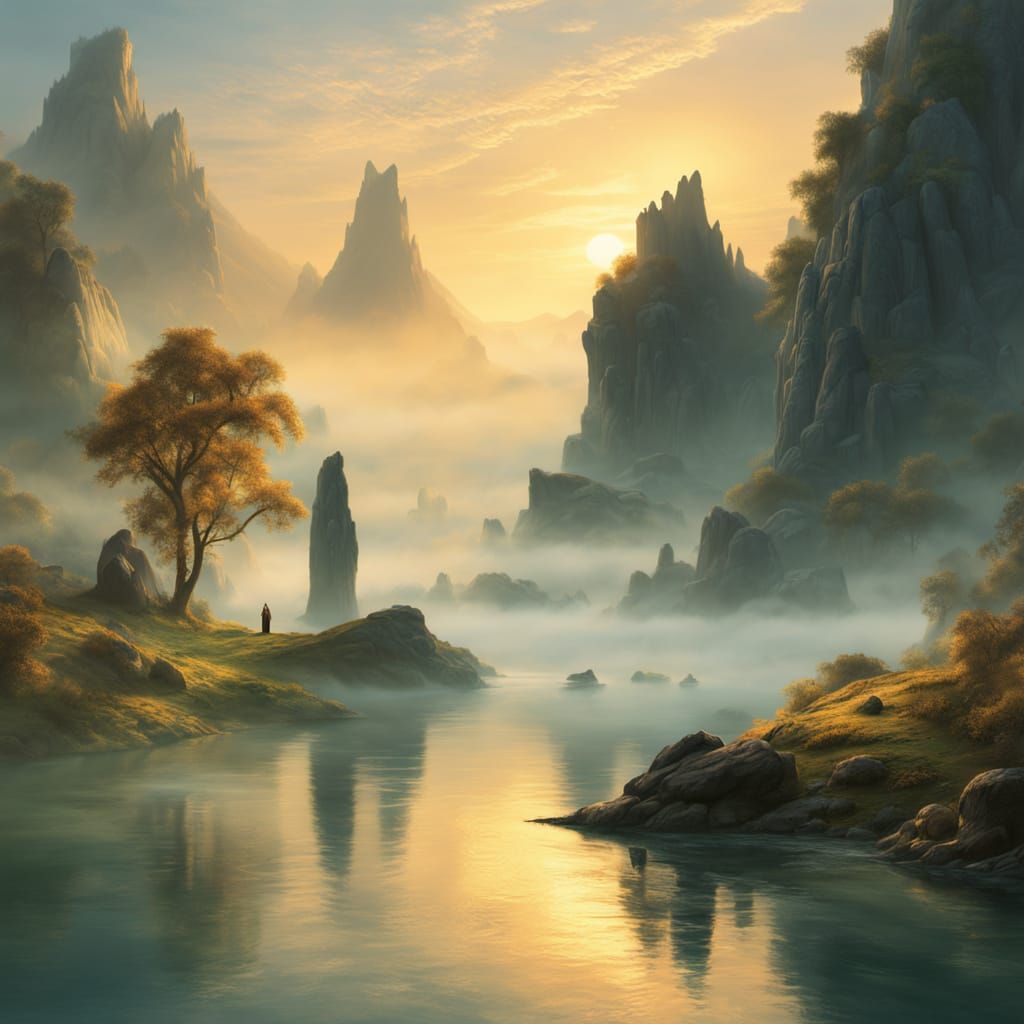Fantasy Landscape at Sunrise with Ancient Ruins