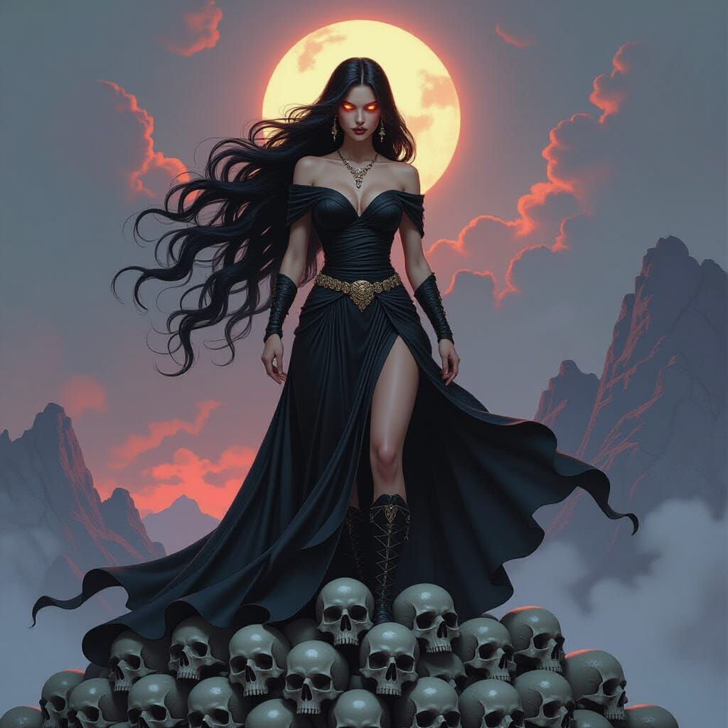 Gothic Goddess on Mountain of Skulls