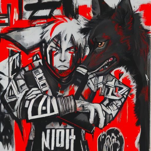 Urban Boy and Dog: Neo-Primitivist Graffiti Art