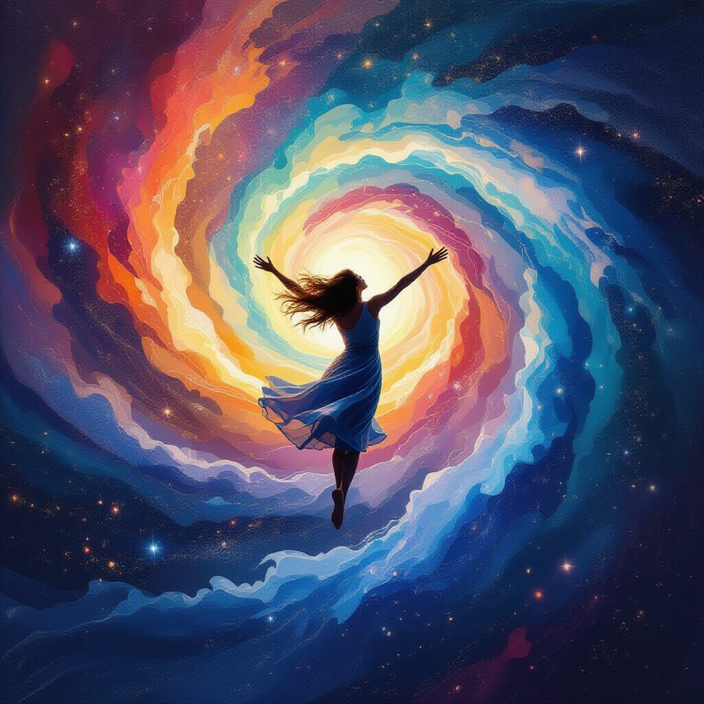 Surreal Figure Descends Into Cosmic Vortex